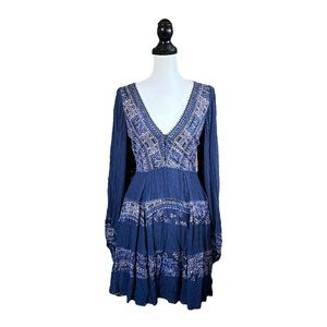 Free People My Love Mini Dress Navy Long Sleeve Bohemian Cottagecore Boho NWT XS